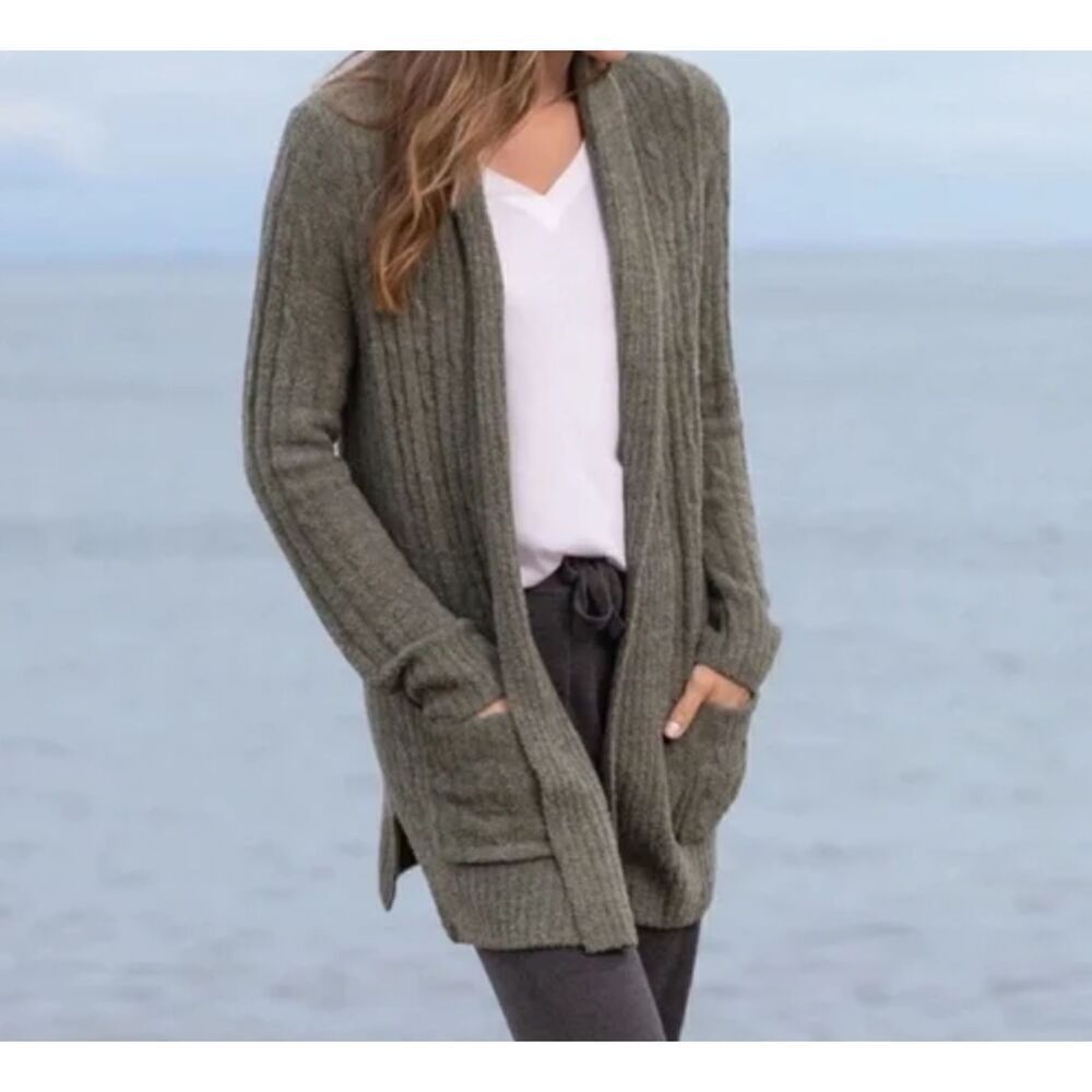 Barefoot Dreams Cozychic Lite Olive Green Cableknit Cardigan‎ Size Small
